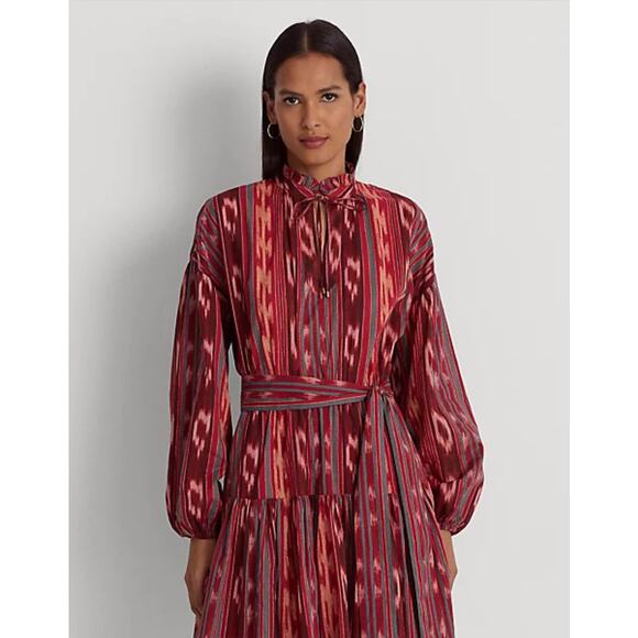 NWT Lauren Ralph Lauren Geo-Stripe Belted Cotton Voile Dress Women’s Size 16 - Picture 2 of 12
